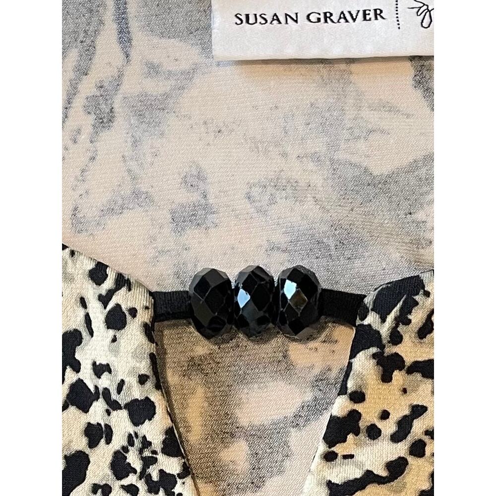 Susan Graver Tunic Top Black Tan Sz M Long Sleeves Beaded Split Neck Lagenlook - Picture 3 of 11